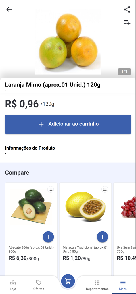 Nobre Supermercados - Product page for oranges in the Nobre Supermercados grocery app showing price and comparison with other fruits