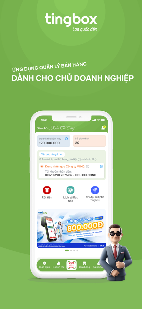 Tingbox mobile app dashboard showing revenue and transaction tracking for small business owners