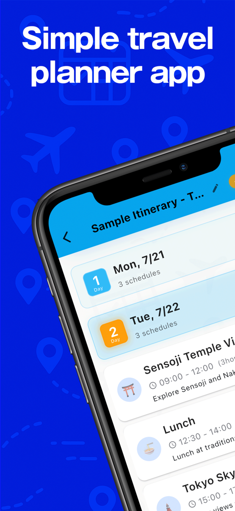 Trip Planner · Share Itinerary - Smartphone screen displaying a daily travel itinerary with scheduled events in the Trip Planner app