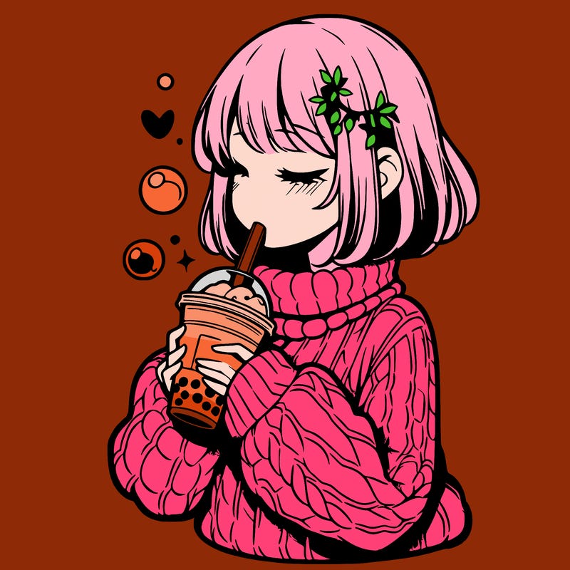 manga girl drinking boba in cozy sweater