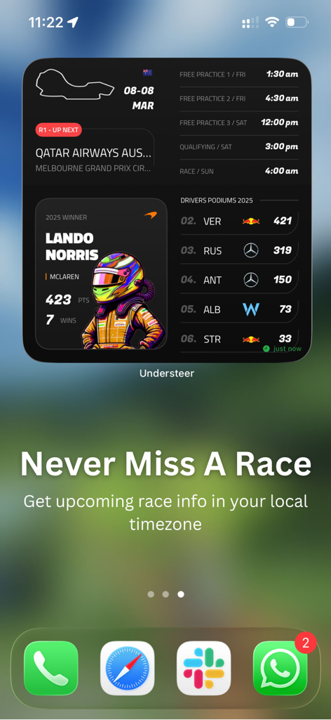 Understeer – Racing Widgets - iPhone home screen with Understeer F1 racing widgets showing upcoming race times and driver standings