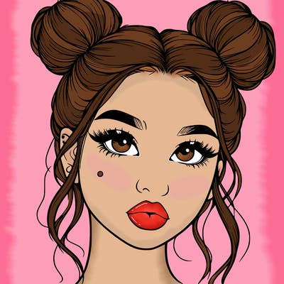 realistic girl with two buns on her hair and lips