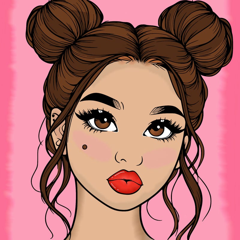 realistic girl with two buns on her hair and lips