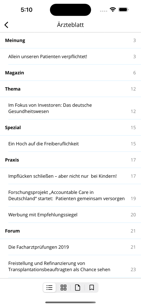 Rheinisches Ärzteblatt RÄ - Table of contents screen of the Rheinisches Aerzteblatt app displaying medical article categories and titles.