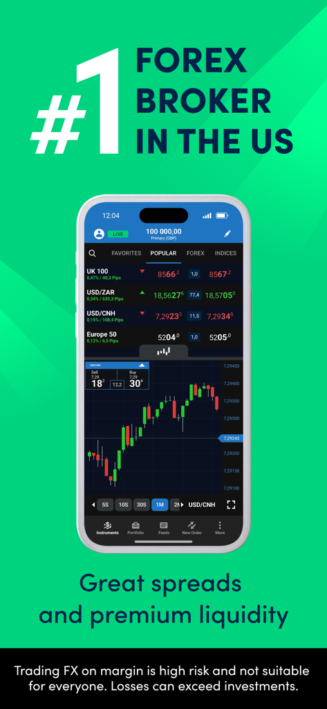 OANDA - Forex trading - Interfaz de la aplicación de trading de Forex de OANDA en un smartphone que muestra gráficos de velas profesionales y listas de pares de divisas.