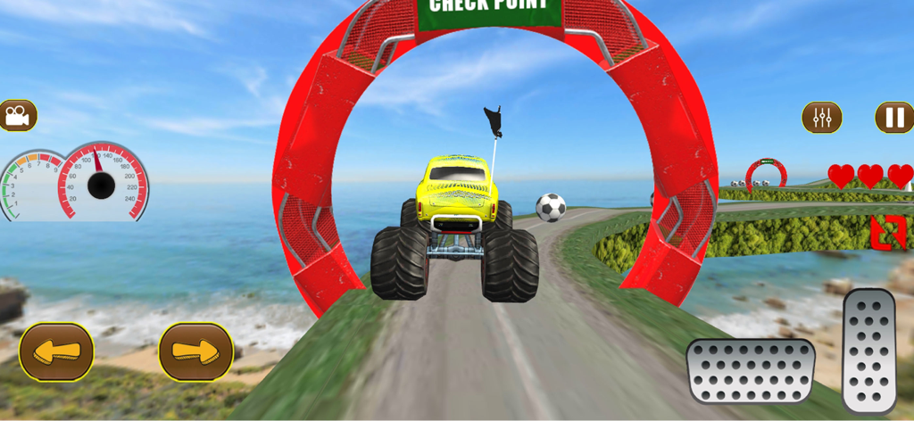 Mud Truck Driving Game Offroad - A yellow monster truck driving through a red circular checkpoint ring on an elevated coastal track.