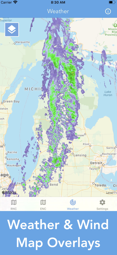Superposición de mapa de radar meteorológico que muestra patrones de precipitación y tormentas sobre la región de los Grandes Lagos en la aplicación Cartas Náuticas y Mapas.