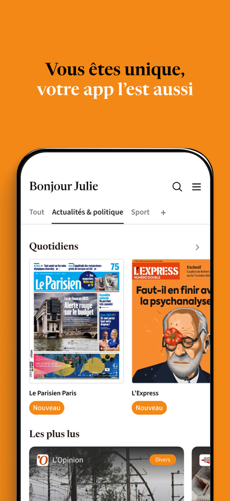 Pantalla de inicio de la aplicación ePresse mostrando portadas de diversos periódicos y revistas francesas como Le Parisien y L Express bajo un saludo personalizado para el usuario.