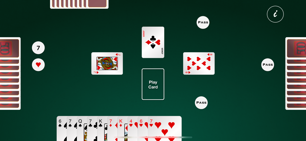 Extreme 500 - Schermata di gioco del gioco di carte Extreme 500 che mostra una mano di carte e una dichiarazione di 7 cuori.