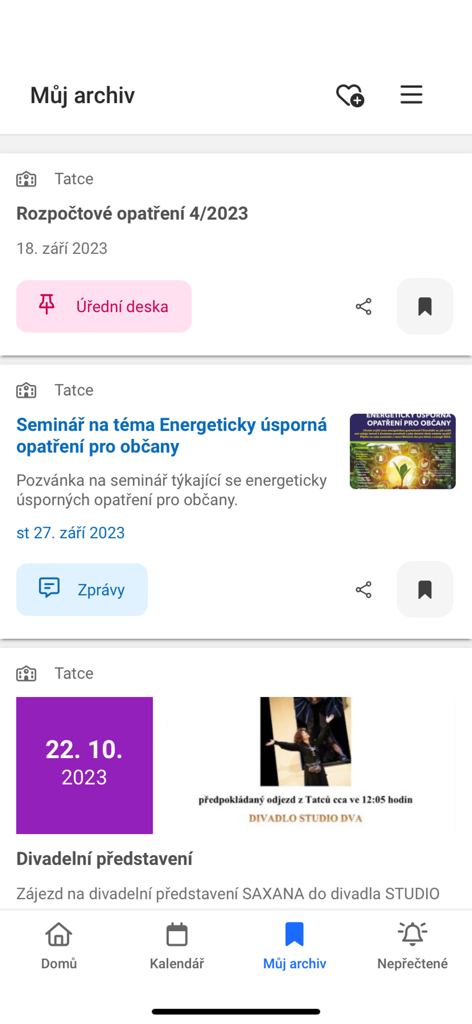 Mobile app interface showing archived municipal notices and local events in the V OBRAZE app.