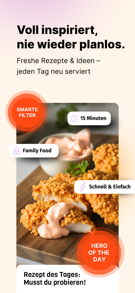 エアフライヤークラブアプリには、簡単な家族向けミールのスマートフィルターを備えた、今日のクリスピーチキンのレシピが表示されています。