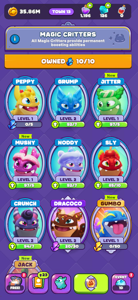 Candy Critters: Idle Merge - Collection of colorful magic critters known as Chomplets in the Candy Critters mobile game menu