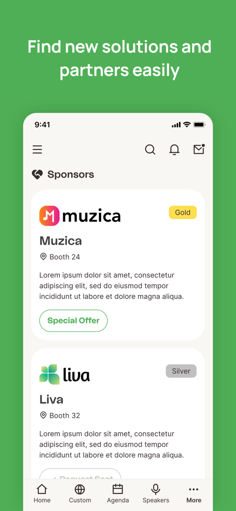 Fintech Americas Miami! - A list of conference sponsors in the Fintech Americas Miami app featuring company profiles and booth locations.