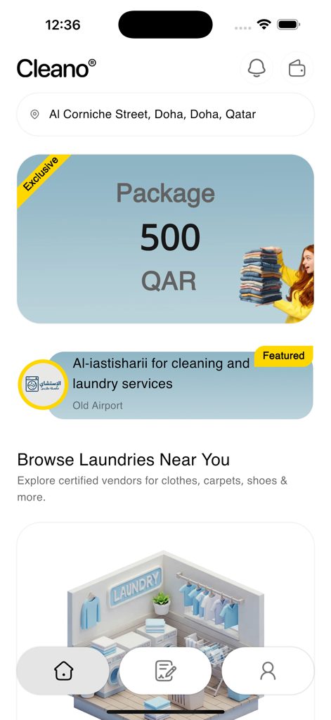 Cleano | كلينو - Cleano app home screen displaying laundry service packages and local vendor search options