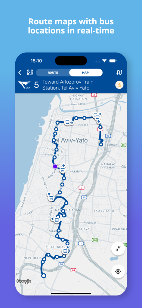 אוטובוס קרוב - Bus Nearby - Real-time route map showing bus locations for Line 5 in Tel Aviv-Yafo within the Bus Nearby app