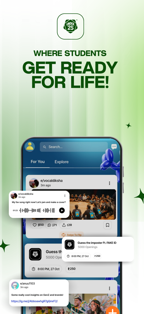 Under 25 - Under 25 app home screen featuring student social feed missions and community engagement