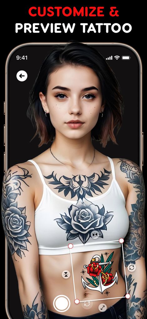 Mulher usando um aplicativo móvel para personalizar e visualizar um design de tatuagem em seu corpo usando realidade aumentada