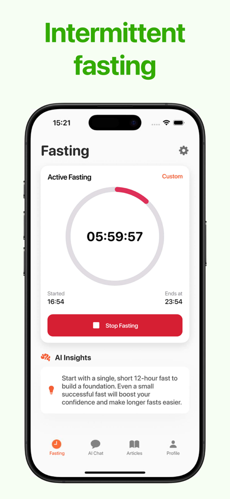 Intermittent Fasting Trackerㅤㅤ - Interfaz de la aplicación Rastreador de Ayuno Intermitente que muestra un temporizador de ayuno activo e información de IA