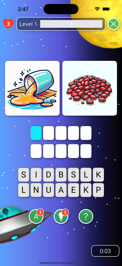 Écran de jeu WordVibes montrant des indices visuels pour l'expression idiomatique 'spill the beans' avec des lettres et un fond spatial