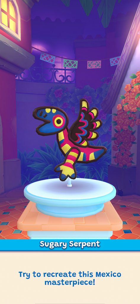 Nailed It! Baking Bash - A colorful Sugary Serpent cake masterpiece from the Mexico level of the Nailed It Baking Bash game