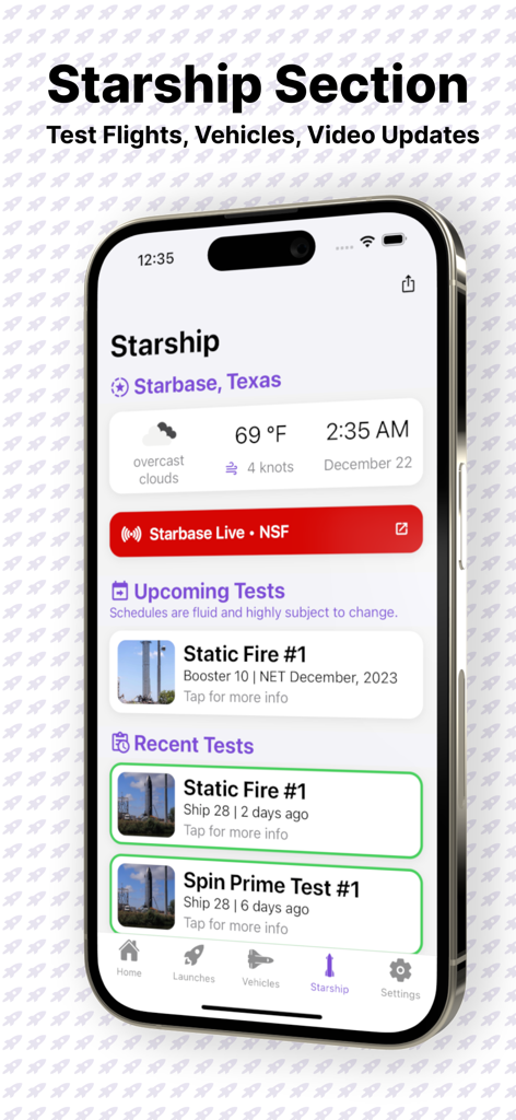 Next Spaceflight - Interfaz de la aplicación Next Spaceflight que muestra la sección dedicada a Starship con horarios de vuelos de prueba y actualizaciones meteorológicas para Starbase, Texas