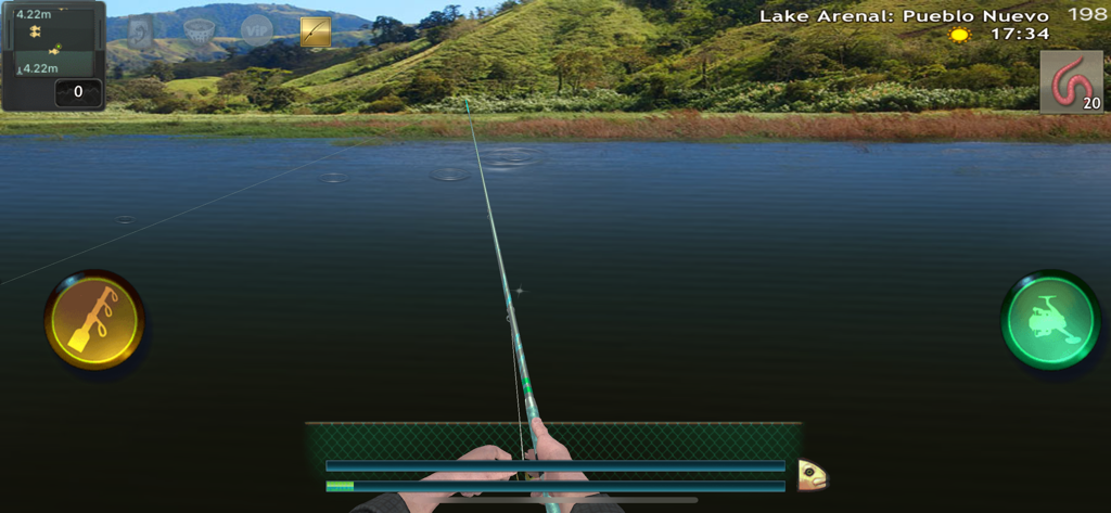 Fishing: World of Fishers - First person view of a fishing simulation at Lake Arenal in the Fishing World of Fishers mobile app