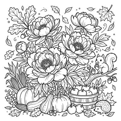 Celebrate the charm of autumn with this beautiful coloring page featuring elegant Itoh peonies intertwined with classic fall harvest elements. Discover playful woodland creatures like a squirrel and a hedgehog, surrounded by pumpkins, apples, and falling leaves, ready for your artistic touch.