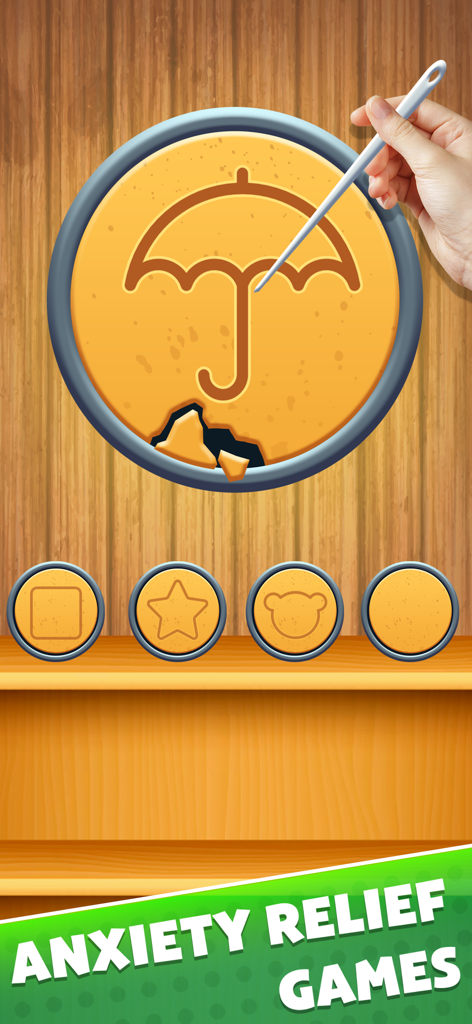 Antistress Relaxing Minigames - Cortando una forma de paraguas de un panal de Dalgona en un minijuego relajante.