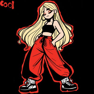 girl in baggy pants crop top and long hair
