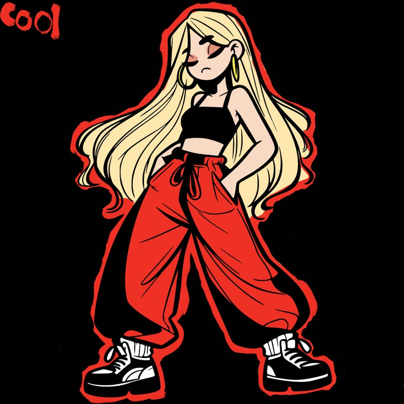 girl in baggy pants crop top and long hair