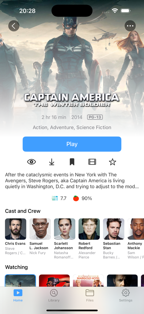 BeeJoy app interface showing movie details for Captain America The Winter Soldier including cast information and ratings