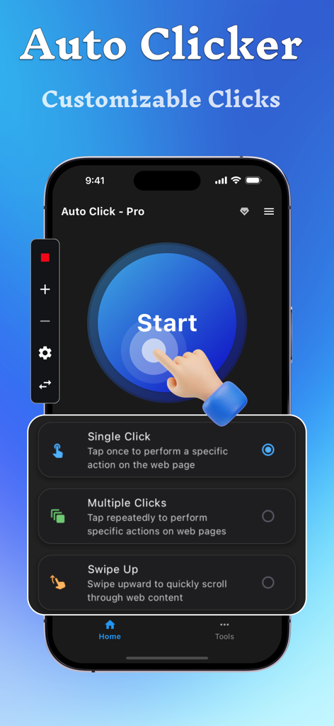 Auto Clicker app interface showing single click multiple clicks and swipe up automation modes