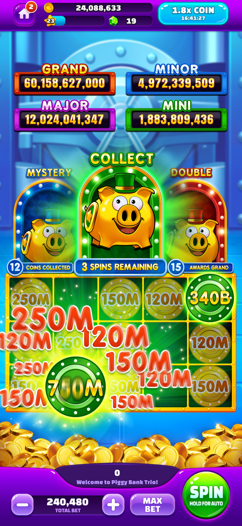 Golden Mango Casino Slot Games - A colorful mobile slot game interface showing three piggy banks and massive jackpot prize pools in portrait mode