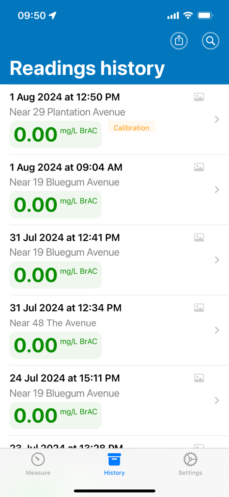 iSober - iSober app interface showing a detailed history of breathalyser test readings with dates and locations