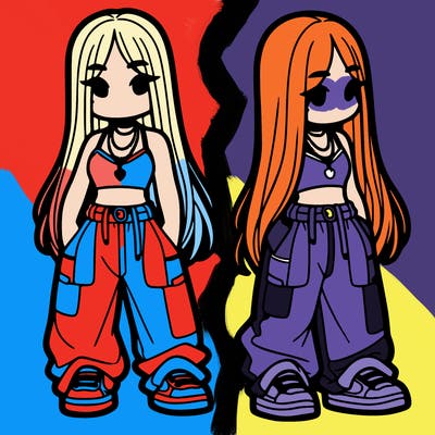 girl in baggy pants crop top and long hair