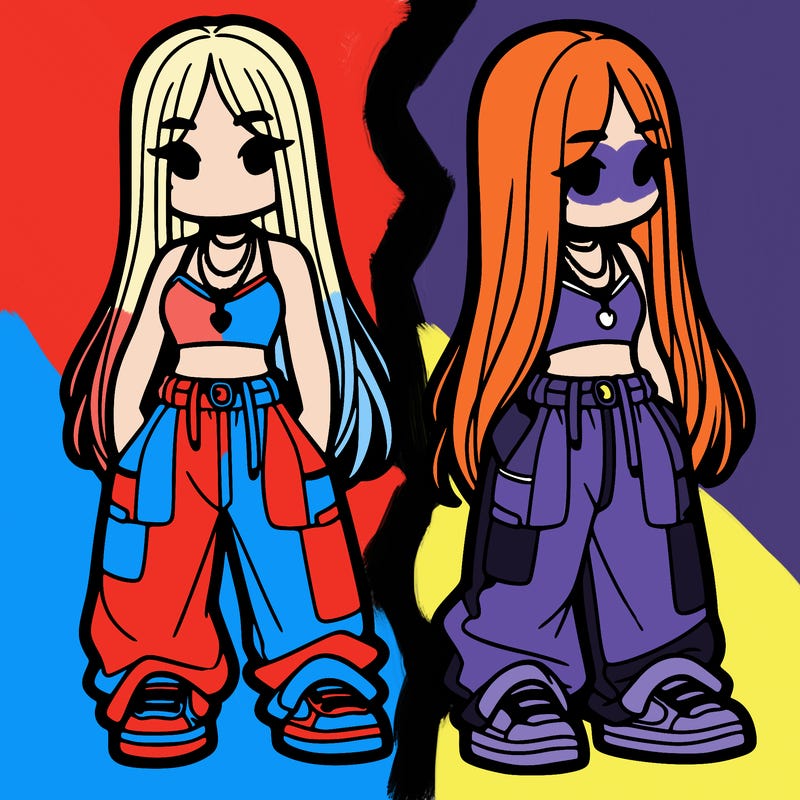 girl in baggy pants crop top and long hair