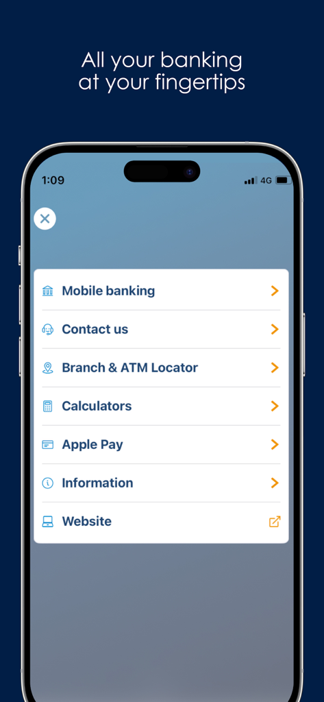 Greater Bank - Greater Bank mobile app interface showing menu options for mobile banking contact us branch locator and calculators