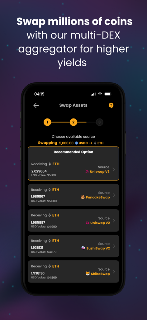 Internet Money - Crypto Wallet - Internet Money crypto wallet mobile interface showing a multi-DEX aggregator for swapping USDC to ETH with various source options.