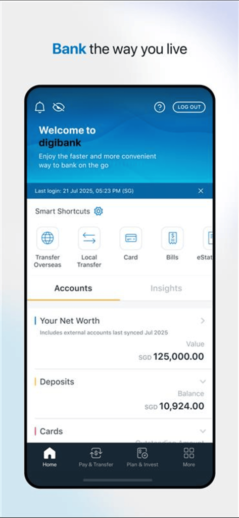 POSB digibank - POSB digibank mobile app dashboard displaying net worth and deposit balances