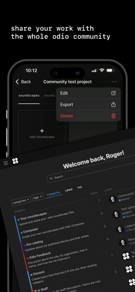 Odio - Spatial Soundscapes - Interfaz de la aplicación Odio que muestra opciones de gestión y compartición de proyectos comunitarios para paisajes sonoros espaciales.