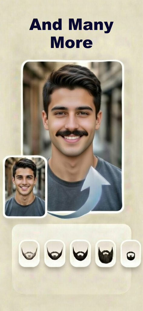 Beard Filter Try On: AnyBeard - AnyBeard app showing a man trying on a mustache style with other beard options below