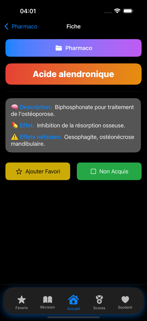MedicalLearn - A medical study sheet in the MedicalLearn app for Alendronic Acid showing its description effects and side effects