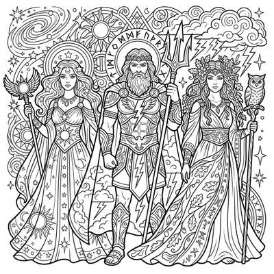 Unleash your creativity with this majestic coloring page featuring powerful gods and goddesses from ancient mythologies. Explore intricate designs and bring these divine beings to life with your favorite colors.