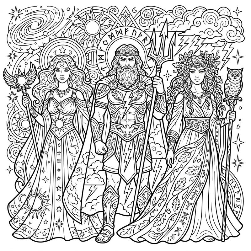 Unleash your creativity with this majestic coloring page featuring powerful gods and goddesses from ancient mythologies. Explore intricate designs and bring these divine beings to life with your favorite colors.