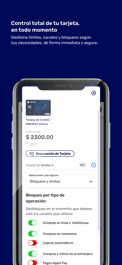 Inbursa Móvil - Interfaz de la aplicación Inbursa Movil que muestra los controles de seguridad de la tarjeta de crédito y las opciones de bloqueo de transacciones