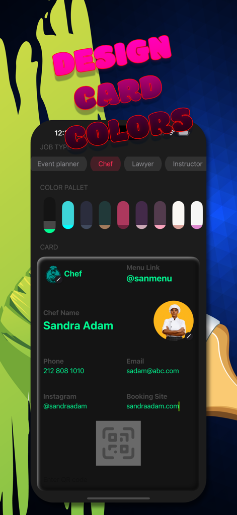 Oberfläche der App, die die Farbanpassung für eine digitale Visitenkarte zeigt