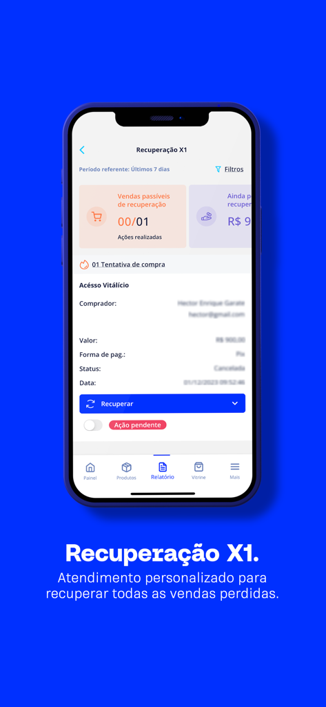 A smartphone showing the Monetizze app sales recovery dashboard with customer details and a recovery button