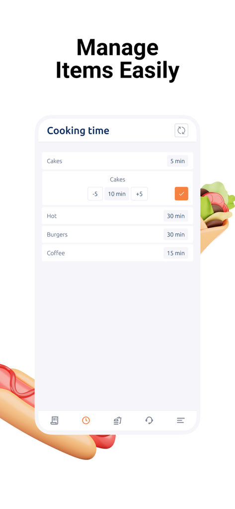GrupGo order - Interface of the GrupGo order app showing a list of menu items with adjustable cooking times.