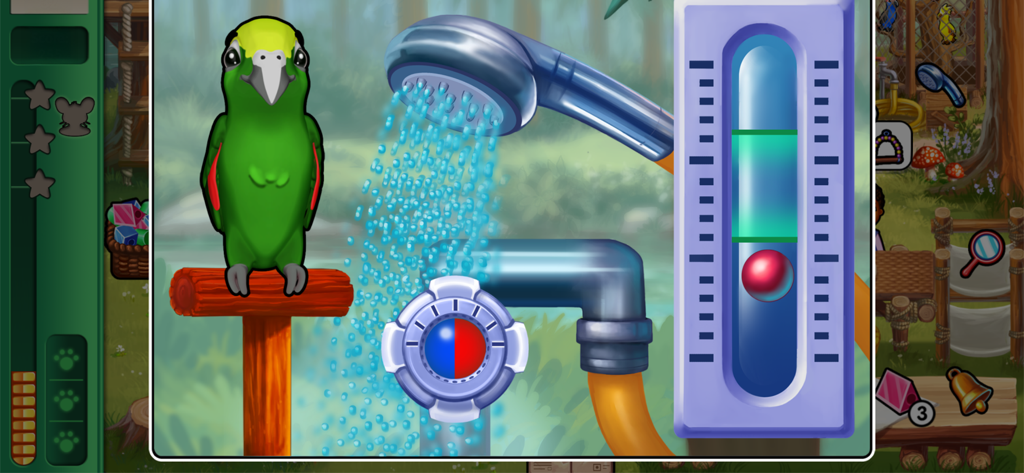Dr. Cares - Amy's Pet Clinic - A green parrot receiving a shower in a veterinary mini-game with a temperature control gauge.