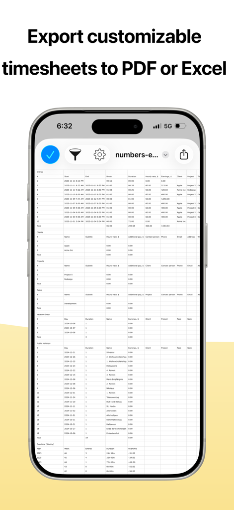 atWork Hours & Pay Tracker - L'app atWork visualizza un report dettagliato del foglio presenze professionale su un iPhone pronto per l'esportazione in PDF o Excel